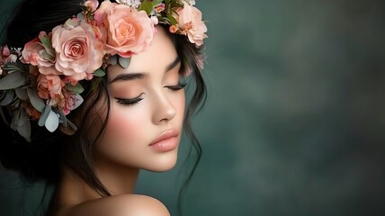 Naklejka premium Close-up of a serene woman with a flower crown, gazing into the distance, ethereal tones,
