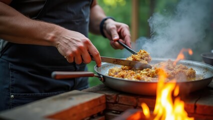 Fototapeta premium Cooking Delicious Food Outdoors Over an Open Fire During a Sunny Afternoon With Vibrant Flames and a Rustic Setting