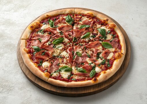 Delicious freshly baked pizza topped with ham, cheese, and basil leaves presented on a wooden serving board in a bright setting for culinary appreciation