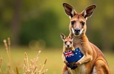 Australia Day with kangaroo holding Australian flag on blurred background of Australian nature on bright sunny day. Horizontal concept of symbol of unity of the state