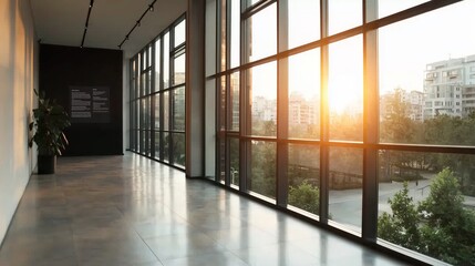 Fototapeta premium Modern Office Space with Large Windows and Sunset View