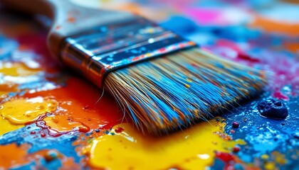 Fototapeta premium Vibrant Hues: A Close-Up of Paintbrush on a Colorful Palette
