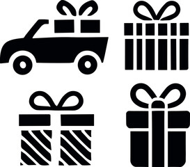 Gift box icons set with bows and hands for celebrations and holidays on isolated background