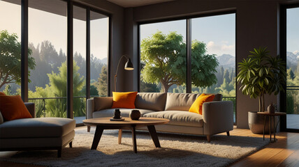 Obraz premium bright living room with a lounge area near a glass window, creating a comfortable and inviting space for relaxation and enjoyment.