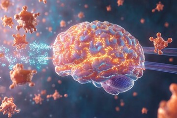 Obraz premium Glowing brain attacked by microscopic agents.