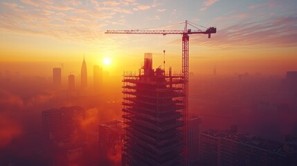 Naklejka premium Aerial View of Construction Site at Sunset with City Skyline