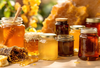 Various types of honey in glass jars and honeycomb