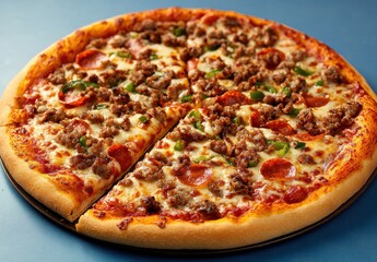 Delicious freshly baked pizza topped with pepperoni, sausage, cheese, and green peppers on a golden brown crust, served on a blue background