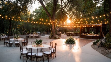 Fototapeta premium Elegant outdoor wedding reception setup with string lights at sunset in a beautiful garden venue