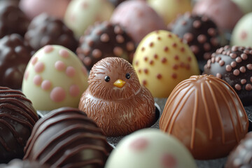 Assorted Easter chocolates in the shape of eggs and chickens.