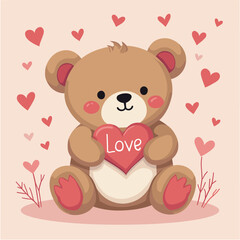 Cute teddy bear with hearts on pastel background, Valentine's Day illustration