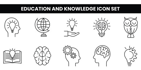 Education and knowledge icon set with lightbulbs, brains, books, and globes. Perfect for academic projects, learning resources, and educational-themed designs for schools or presentations.