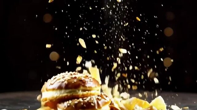 Caramel cronut shattering with thick caramel streams and flakes in air under dark glowing background highlighting luscious appeal