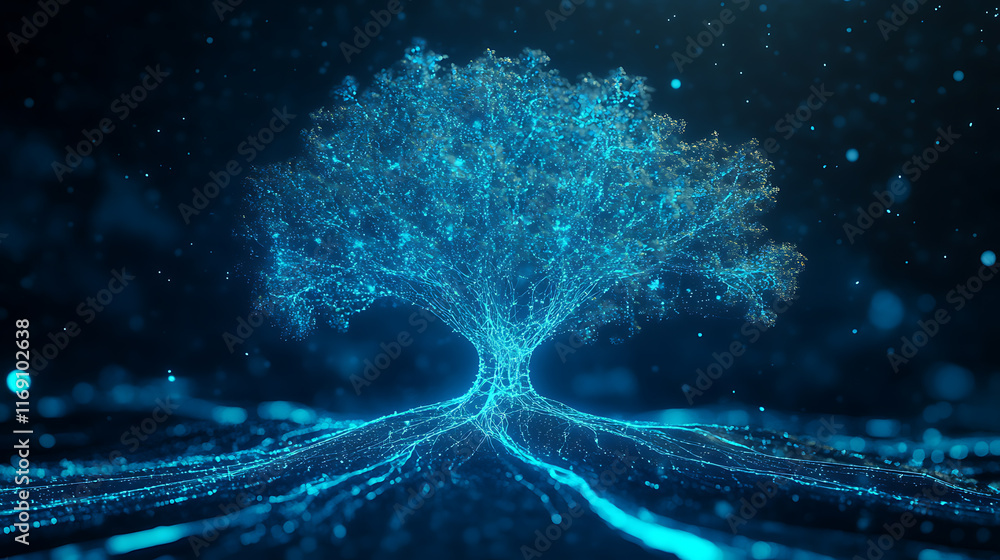 Poster digital tree growth visualization virtual space infographic art futuristic environment abstract conc