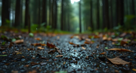 Rainy Path Through Forest, Close-Up View of Wet Ground with Fallen Leaves and Blurred Trees in the Background, Immersed in a Serene and Misty Atmosphere