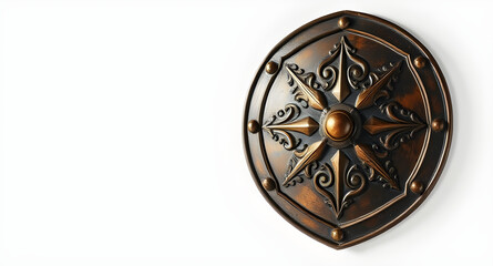 Ornate Bronze Shield with Detailed Starburst Design, Isolated on a White Background, Showcasing Craftsmanship and a Historic, Elegant Aesthetic