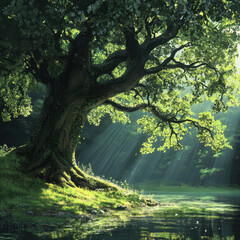 Fototapeta premium Serene forest scene with sunlight filtering through.