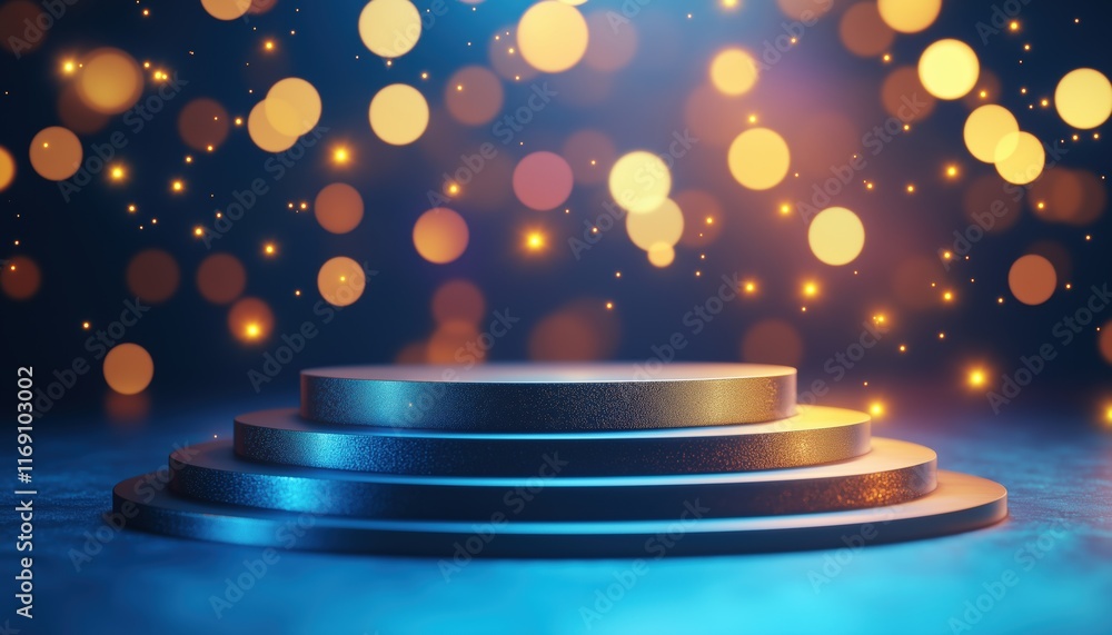 Poster golden empty podium on blue background with neon lighting effects and bokeh decorations, creating a 