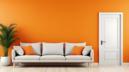 Contemporary living room features a white sofa and vibrant orange walls, complemented with green indoor plants, creating a warm and inviting atmosphere. Well-suited for showcasing interior design.