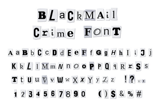 Ransom note font. Magazine and newspaper letters collection - vector design elements. Blackmail mafia crime concept.
