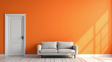 Contemporary living room features a white sofa and vibrant orange walls, complemented with green indoor plants, creating a warm and inviting atmosphere. Well-suited for showcasing interior design.