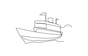 Continuous single line drawing of large cruise ship on ocean, line art vector illustration. The ship is sailing. Sea transport. One continuous line drawing on a white isolated background.