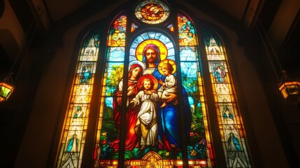 A beautiful stained glass window features a holy family in a historic church. The window displays vibrant colors and intricate designs, illuminating the sacred space with warmth and reverence