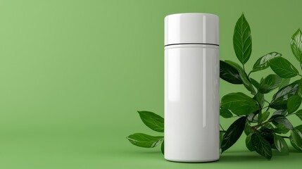White Thermos Bottle Surrounded by Green Leaves on Solid Background