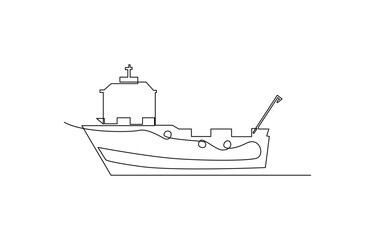 Continuous single line drawing of large cruise ship on ocean, line art vector illustration. The ship is sailing. Sea transport. One continuous line drawing on a white isolated background.