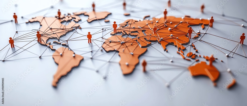 Poster 3d illustration of a digital global network with nodes and lines, connecting people around the world