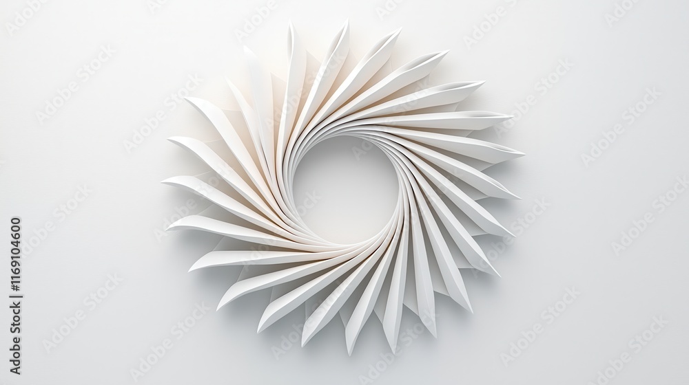 Poster elegant circular arrangement of white paper pages creating abstract spiral design on white backgroun