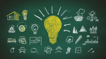A visual representation of creative ideas on a blackboard features a bright yellow light bulb at the center, surrounded by various sketches of houses, charts, and cloud symbols