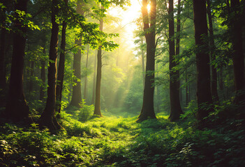 Obraz premium A dense, lush green forest with tall trees and a thick undergrowth of foliage. The sunlight filters through the canopy, creating a warm, vibrant atmosphere