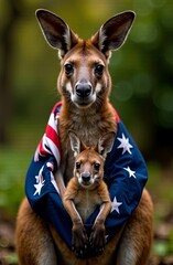 Australia day with kangaroo holding Australian flag on blurred background of Australian nature on bright sunny day. Vertical concept of symbol of unity of the state