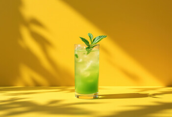 A glass of green liquid with a mint leaf garnish against a bright yellow background