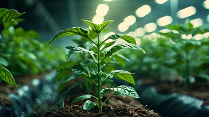 Young green plants thrive in a modern indoor agriculture facility, illuminated by bright artificial lights. The setting showcases sustainable farming practices aimed at improving crop yields.