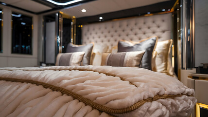 Luxurious bedroom with a large, tufted headboard, off-white bedding with gold trim, and multiple pillows in varying shades of gray and beige.  The room features large windows and dark accents.