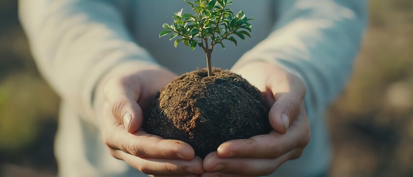 Hands holding the earth globe with a growing tree on top, representing Earth Day, arbor day, environmental conservation, and a clean planet concept