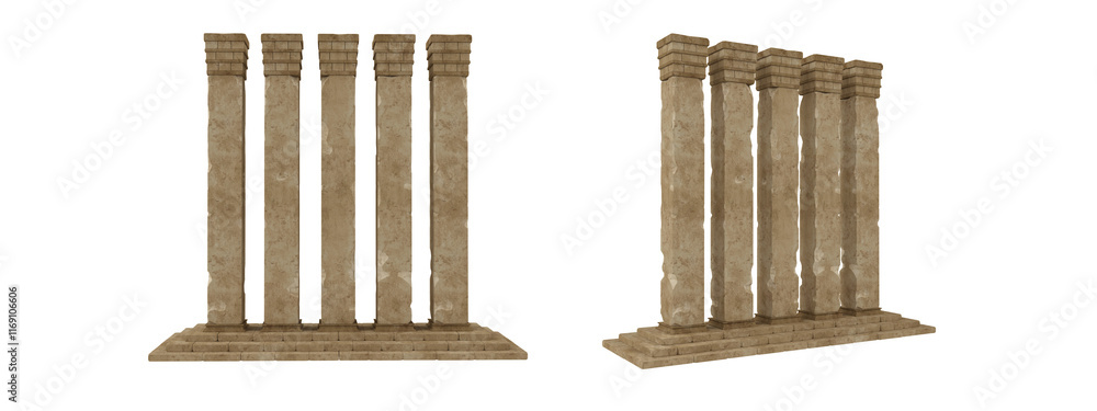 Poster Isolated 3D rendered illustration of a row of ancient Egyptian stone columns from 2 angles.
