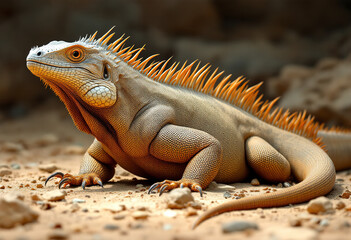Obraz premium A large brown lizard-like creature with a spiny back and long tail resting on a rocky, sandy ground