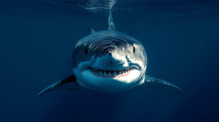 a photo of great white shark swimming, smiling at camera, dark blue background