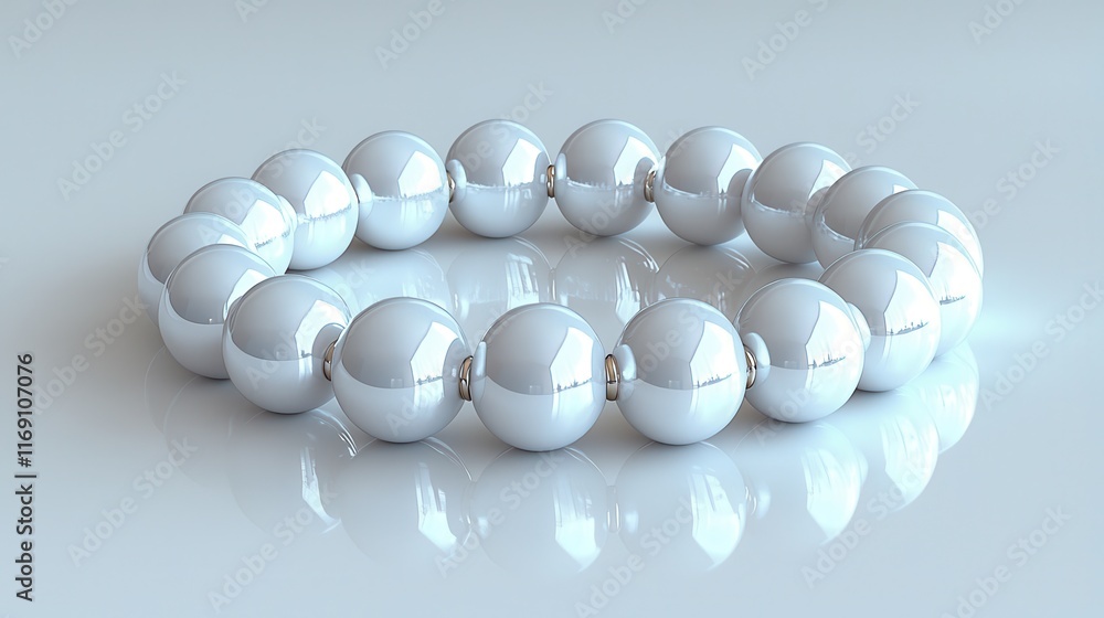 Poster shiny silver beads arranged in a circular pattern on a smooth reflective surface