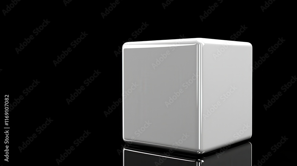 Poster shiny metallic cube on reflective surface with black background, abstract 3d rendered geometry