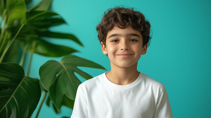 A professional photo of a smiling Arab boy in a white T-shirt against a blue background and green leaves of plants behind him.