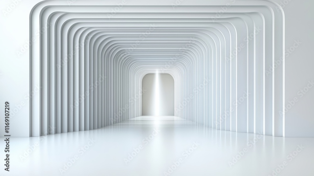Poster modern minimalist interior with curved lines and soft lighting creating a spacious, serene atmospher