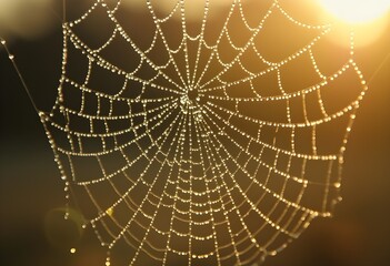 Obraz premium Spiderweb Glistening with Dew in Golden Hour Glow