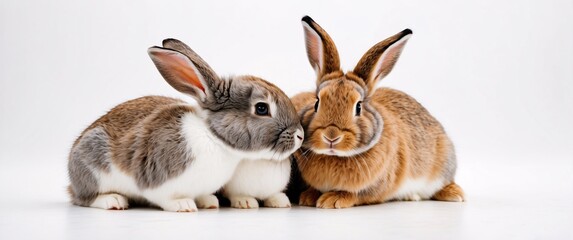 Fototapeta premium A pair of rabbits cuddling together on a smooth white backdrop