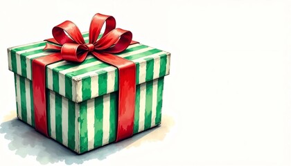 Obraz premium Festive watercolor illustration of a striped green and white gift box with red ribbon