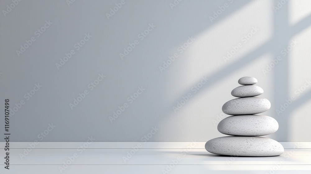 Poster serene stack of smooth stones on minimalist surface with soft natural light and subtle shadows