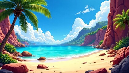 Naklejka premium Vibrant digital artwork of a pristine beach with golden sands and turquoise waters